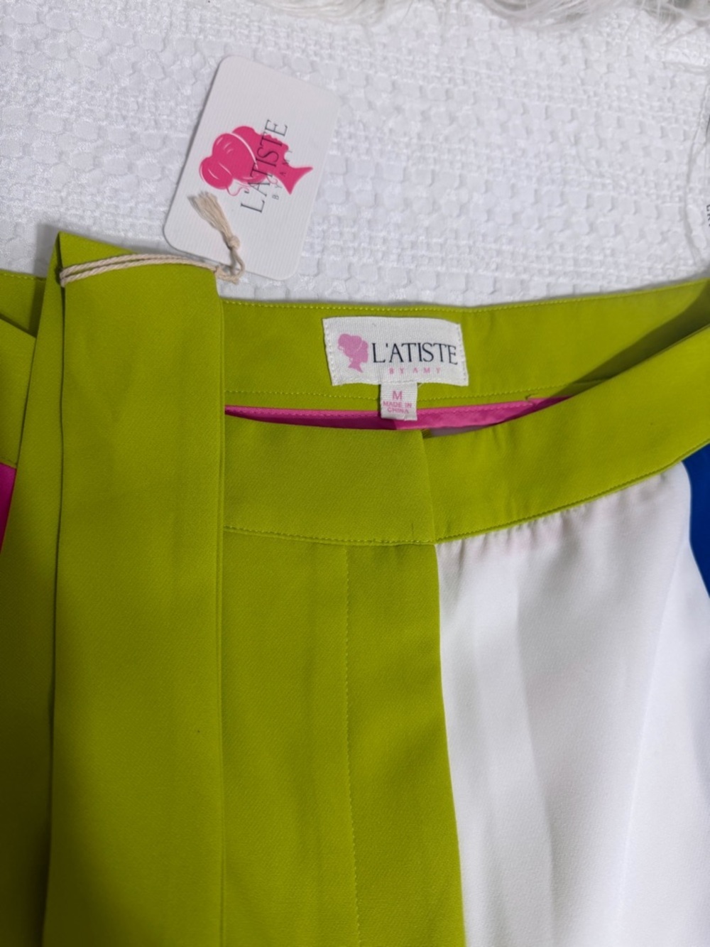 L'ATISTE Lime, Pink, White & Blue Colorblock Wide-Leg Pants - Picture 9 of 9